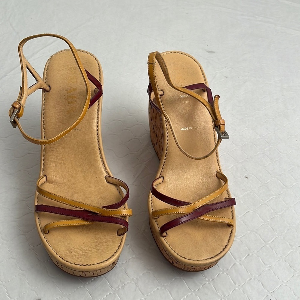 Prada tan and burgundy patent leather strappy cork platform wedge sandals